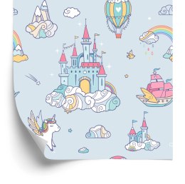 Tapeta Dla Dzieci Jednorożce Z Bajki, Zamek, Tęcza