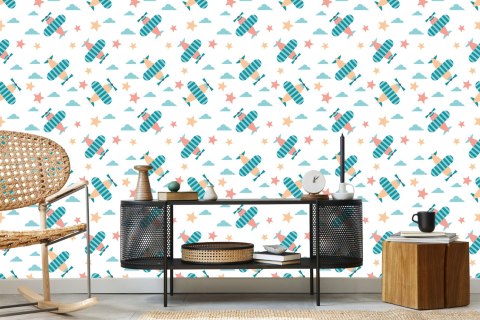 Tapeta Dla Dzieci Kolorowe Samoloty Chmury Gwiazdy