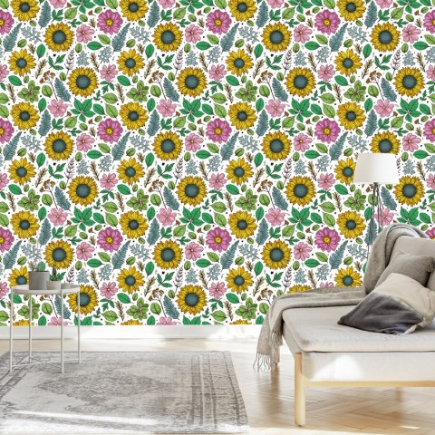 Tapeta Kolorowe Słoneczniki Z Roślinami