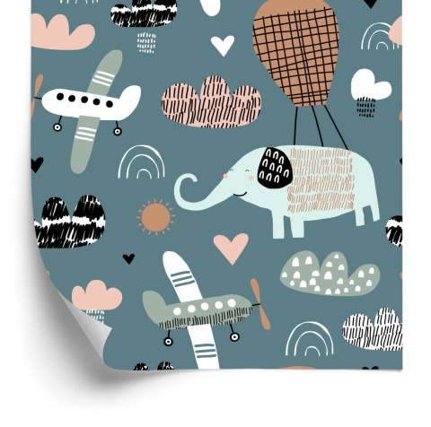 Tapeta Dla Dzieci - Słoniki, Samoloty I Chmurki W Stylu Skandynawskim