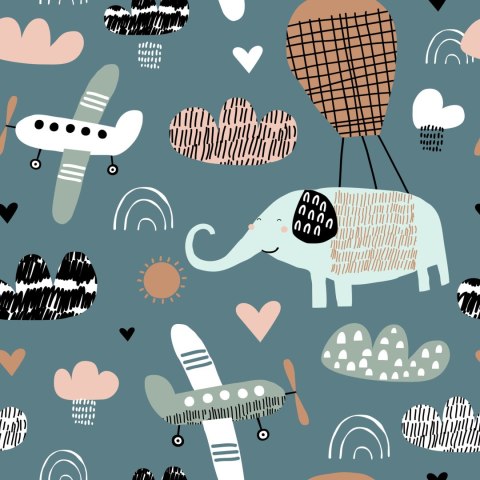 Tapeta Dla Dzieci - Słoniki, Samoloty I Chmurki W Stylu Skandynawskim
