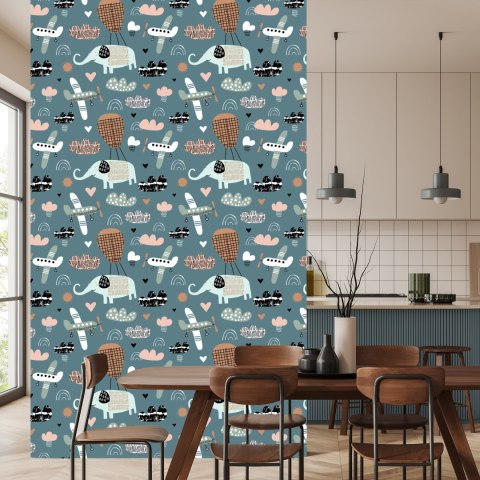 Tapeta Dla Dzieci - Słoniki, Samoloty I Chmurki W Stylu Skandynawskim