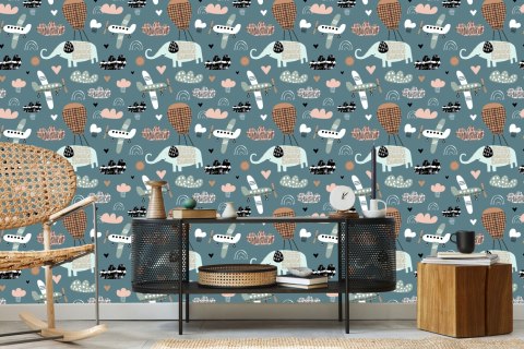 Tapeta Dla Dzieci - Słoniki, Samoloty I Chmurki W Stylu Skandynawskim