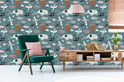 Tapeta Dla Dzieci - Słoniki, Samoloty I Chmurki W Stylu Skandynawskim