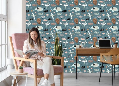 Tapeta Dla Dzieci - Słoniki, Samoloty I Chmurki W Stylu Skandynawskim