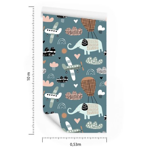 Tapeta Dla Dzieci - Słoniki, Samoloty I Chmurki W Stylu Skandynawskim