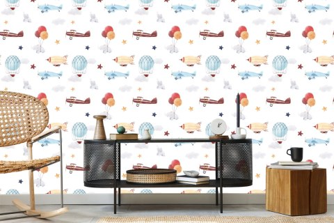 Tapeta Dziecięca Zwierzątka Samoloty Balony Chmury