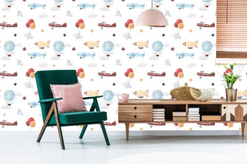 Tapeta Dziecięca Zwierzątka Samoloty Balony Chmury