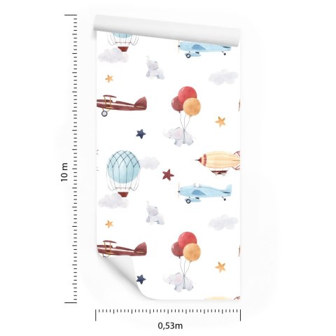 Tapeta Dziecięca Zwierzątka Samoloty Balony Chmury