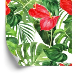 Tapeta Czerwone Kwiaty Z Liśćmi