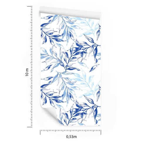 Tapeta Do Salonu Delikatne Niebieskie Liście Dekor