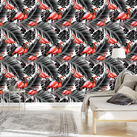Tapeta Flamingi I Czarne Egzotyczne Liście