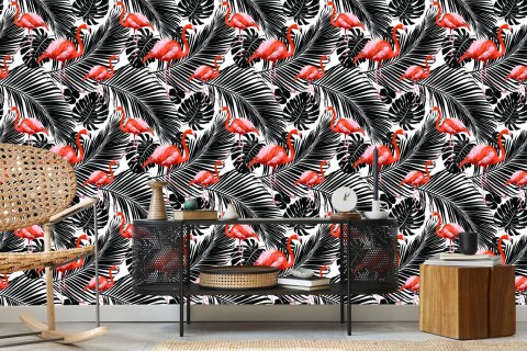 Tapeta Flamingi I Czarne Egzotyczne Liście