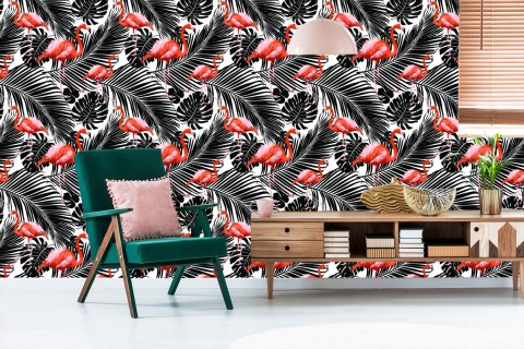 Tapeta Flamingi I Czarne Egzotyczne Liście