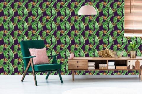 Tapeta Zielone Liście Z Kwiatami