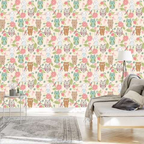 Tapeta Dla Dzieci - Kolorowe Zwierzątka I Kwiaty