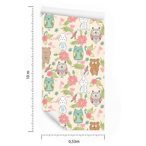 Tapeta Dla Dzieci - Kolorowe Zwierzątka I Kwiaty