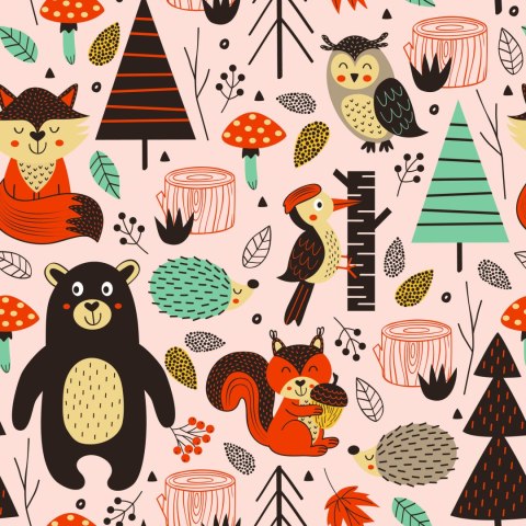 Tapeta Dla Dzieci - Leśne Zwierzątka W Stylu Skandynawskim