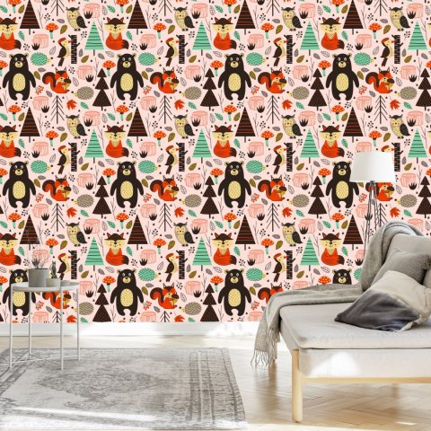 Tapeta Dla Dzieci - Leśne Zwierzątka W Stylu Skandynawskim