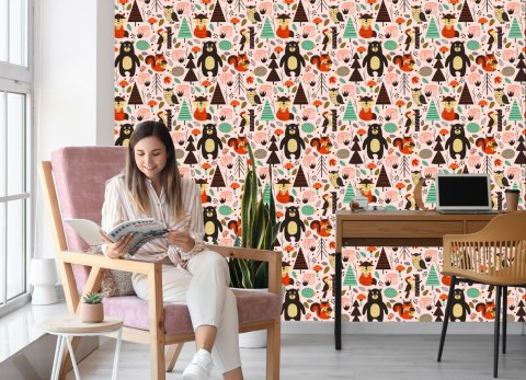 Tapeta Dla Dzieci - Leśne Zwierzątka W Stylu Skandynawskim