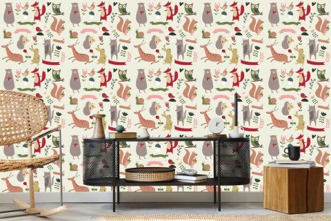 Tapeta Dla Dzieci - Leśne Zwierzęta I Serduszka