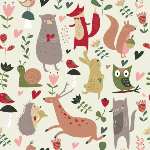 Tapeta Dla Dzieci - Leśne Zwierzęta I Serduszka
