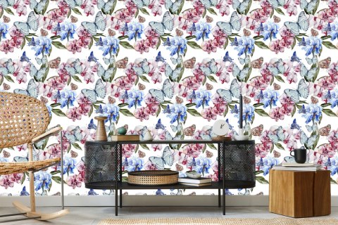 Tapeta Do Salonu, Motyle, Kwiaty, Zieleń