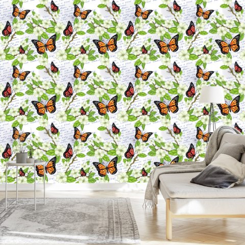 Tapeta Motyle, Kwiaty, Liście, Gałęzie, Do Salonu