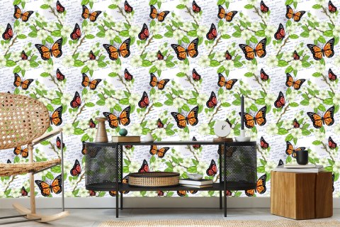 Tapeta Motyle, Kwiaty, Liście, Gałęzie, Do Salonu