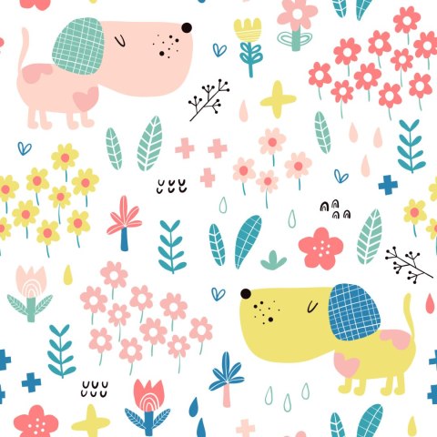 Tapeta Dla Dzieci - Kolorowe Pieski I Kwiatki