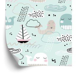 Tapeta Dla Dzieci - Wieloryby, Łódki, Fale I Chmurki