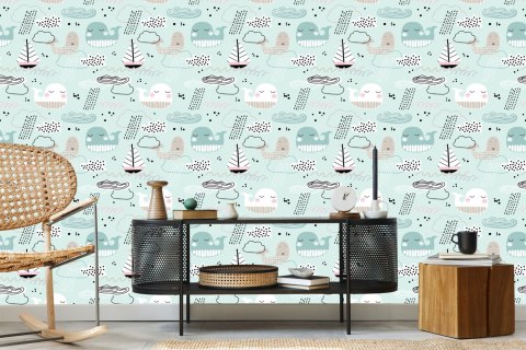 Tapeta Dla Dzieci - Wieloryby, Łódki, Fale I Chmurki