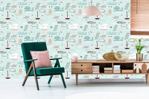 Tapeta Dla Dzieci - Wieloryby, Łódki, Fale I Chmurki