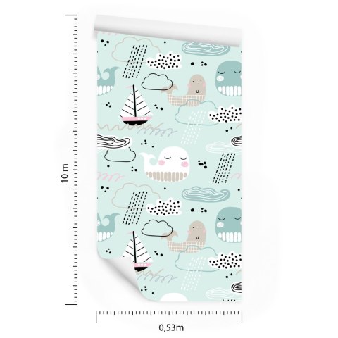 Tapeta Dla Dzieci - Wieloryby, Łódki, Fale I Chmurki