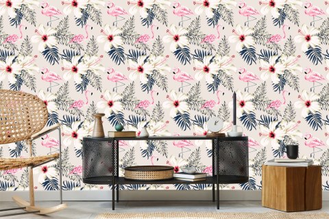 Tapeta Flamingi, Liście I Kwiaty