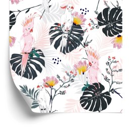 Tapeta Papugi I Tropikalne Liście I Kwiaty