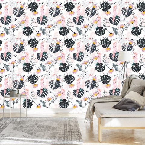 Tapeta Papugi I Tropikalne Liście I Kwiaty