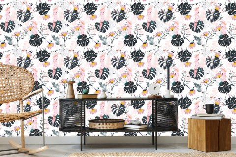 Tapeta Papugi I Tropikalne Liście I Kwiaty