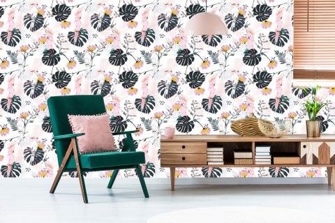 Tapeta Papugi I Tropikalne Liście I Kwiaty