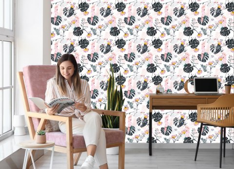 Tapeta Papugi I Tropikalne Liście I Kwiaty