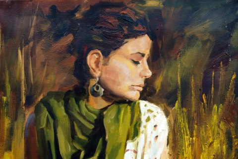 Obraz Na Płótnie Portret Kobiety W Zielono-Brązowych Kolorach