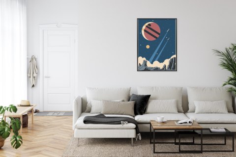 Plakat Rakiety Planety I Gwiazdy W Stylu Retro Rama Aluminiowa Kolor Czarny