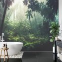 Fototapeta Dark Rainforest, Sun Rays Through The Trees, Rich Jungle Greenery. Atmospheric Fantasy Forest. 3D .