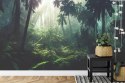 Fototapeta Dark Rainforest, Sun Rays Through The Trees, Rich Jungle Greenery. Atmospheric Fantasy Forest. 3D .