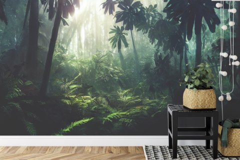 Fototapeta Dark Rainforest, Sun Rays Through The Trees, Rich Jungle Greenery. Atmospheric Fantasy Forest. 3D .