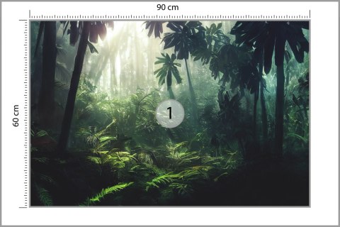 Fototapeta Dark Rainforest, Sun Rays Through The Trees, Rich Jungle Greenery. Atmospheric Fantasy Forest. 3D .