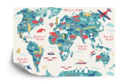 Fototapeta Map Of The World Wallpaper Design For Children's Room. Cute Design, Animals And Builds, Culture, Mural Art.