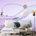 Fototapeta Abstract 3D Render. Glass Ribbon On Water With Geometric Circle And Spheres. Holographic Shape In Motion. Iridescent 