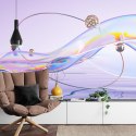Fototapeta Abstract 3D Render. Glass Ribbon On Water With Geometric Circle And Spheres. Holographic Shape In Motion. Iridescent 