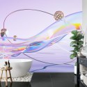 Fototapeta Abstract 3D Render. Glass Ribbon On Water With Geometric Circle And Spheres. Holographic Shape In Motion. Iridescent 